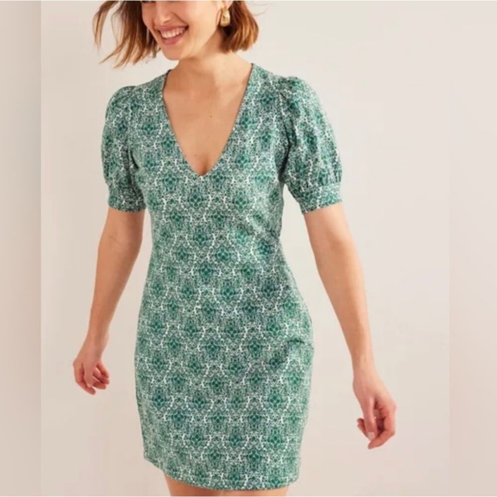 Boden Cotton Puff Sleeve Mini Short Dress White Green Asbtract Size 4P